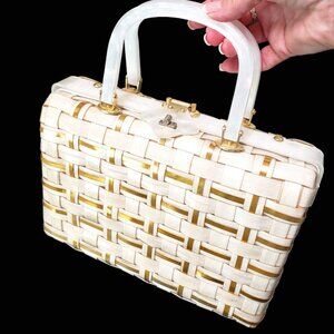 Vintage Stylecraft White Gold OffWhite Double MOP Handles Woven Purse Handbag